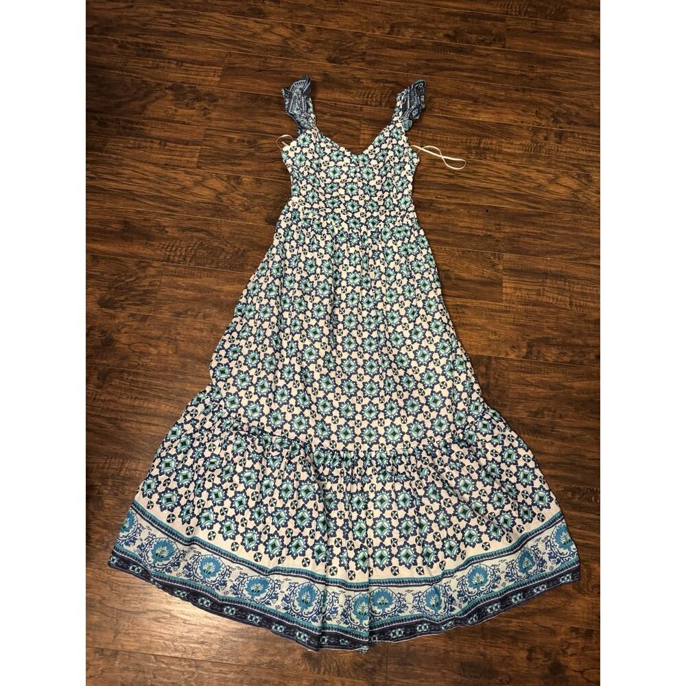 Lucky Brand Size XS Floral Print Sleeveless Ruffle Trim Tiered Maxi Dress NWT